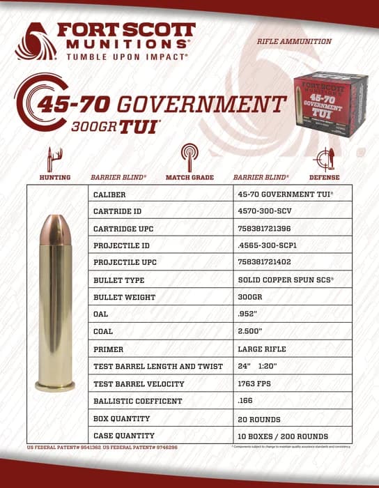 Fort Scott Munitions 45-70 Government SCS TUI - 300Gr Solid Copper Ammo