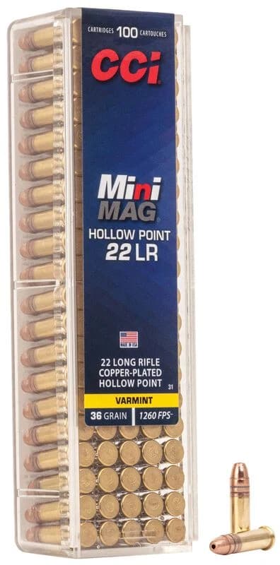 CCI Mini-Mag HP, 22 LR, 36 Grain, Copper Plated Hollow Point, 1260 fps
