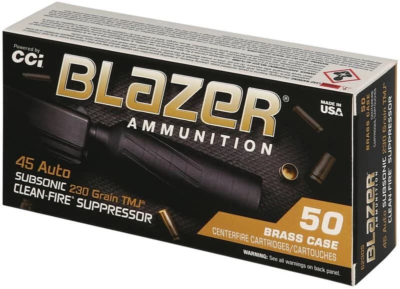 Blazer Brass Clean-Fire Suppressor, 45 ACP, 230 Grain, Total Metal Jacket, 800 fps — 50 Count