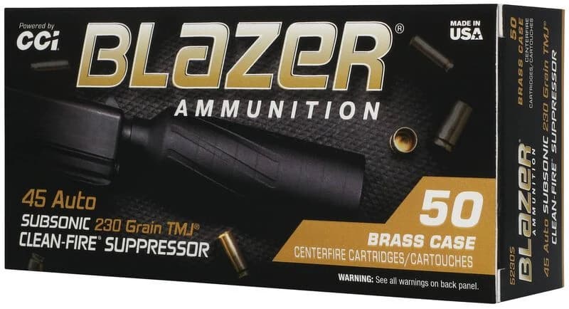 CCI Blazer Brass Clean-Fire Suppressor, 45 Auto, 230 Grain, Total Metal Jacket, 800 fps