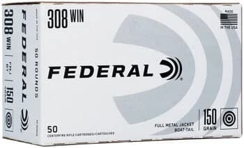 Federal Training, 308 Winchester, 150 Grain, Full Metal Jacket Boat-Tail, 2820 fps — 50 Count
