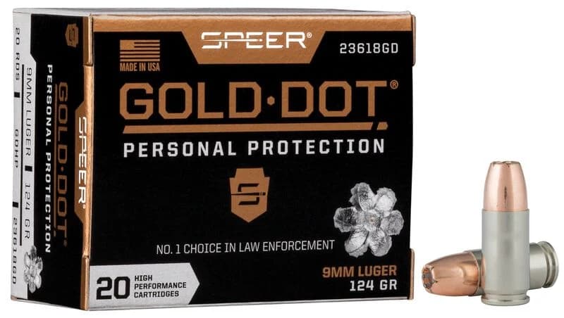 Speer Gold Dot Handgun Personal Protection, 9mm Luger, 124 Grain, Gold Dot Hollow Point, 1150 fps