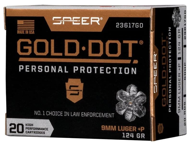 Speer Gold Dot Handgun Personal Protection, 9mm Luger +P, 124 Grain, Gold Dot Hollow Point, 1220 fps