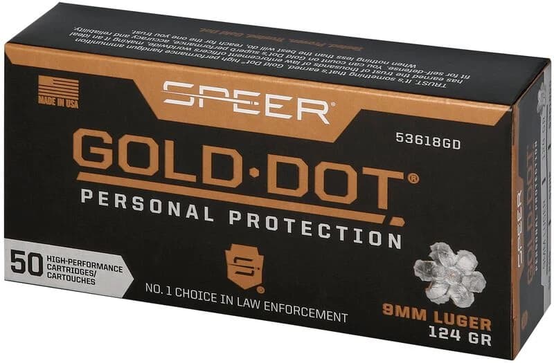 Speer Gold Dot Handgun Personal Protection, 9mm Luger, 124 Grain, Gold Dot Hollow Point, 1150 fps