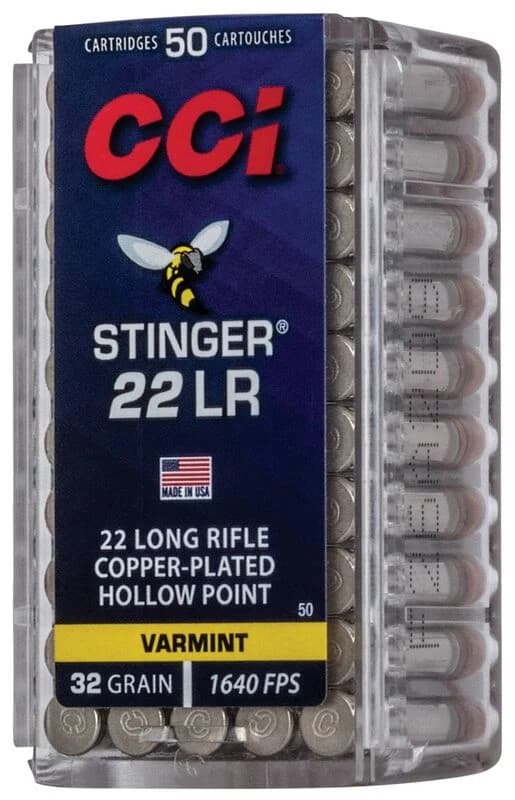 CCI Stinger, 22 LR, 32 Grain, Copper Plated Hollow Point, 1640 fps