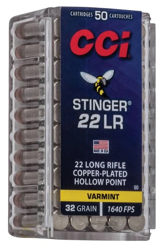 CCI Stinger, 22 LR, 32 Grain, Copper Plated Hollow Point, 1640 fps