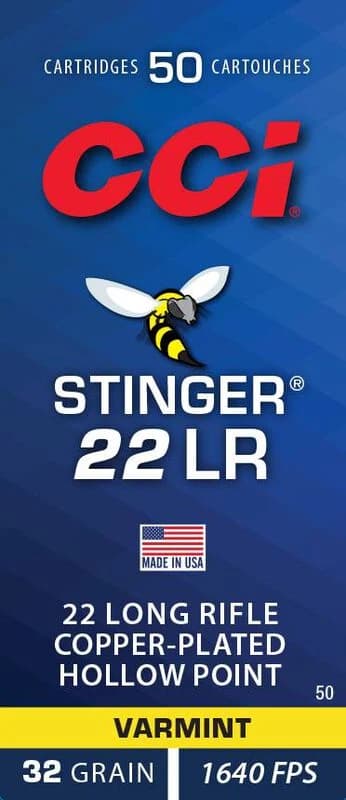 CCI Stinger, 22 LR, 32 Grain, Copper Plated Hollow Point, 1640 fps