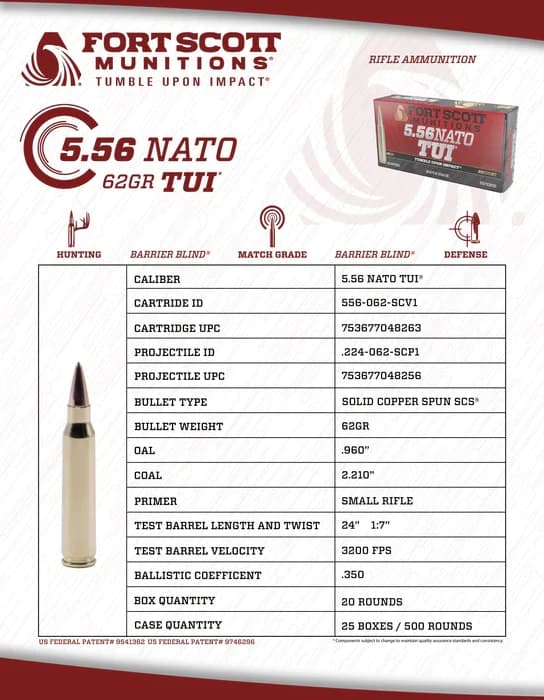 Fort Scott Munitions 5.56 NATO SCS TUI - 62Gr Solid Copper Ammo