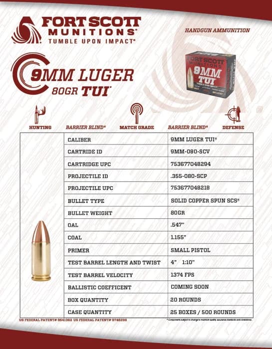 Fort Scott Munitions 9MM Luger TUI - 80Gr Solid Copper Ammo