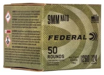 Military Grade, 9mm NATO, 124 Grain, Full Metal Jacket, 1260 fps — 50 Count