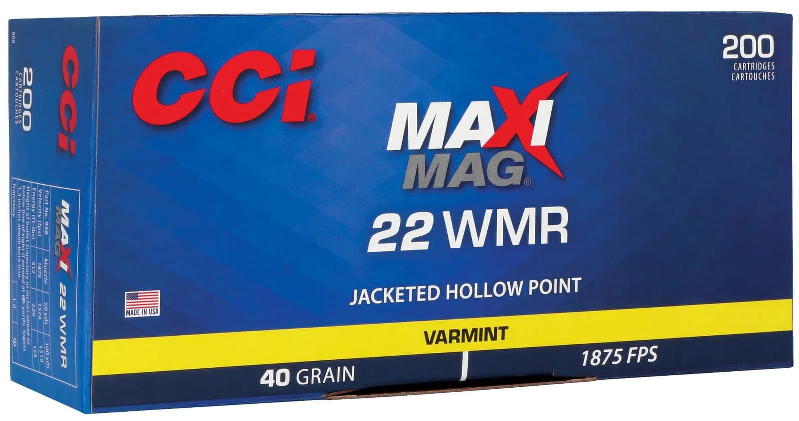 CCI Maxi-Mag, 22 WMR, 40 Grain, Jacketed Hollow Point, 1875 fps