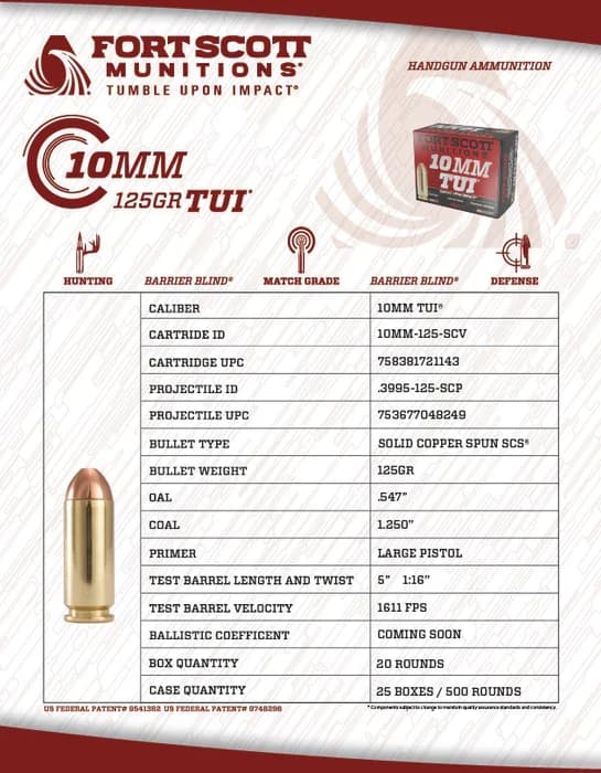 Fort Scott Munitions 10MM SCS TUI - 125Gr Solid Copper Ammo