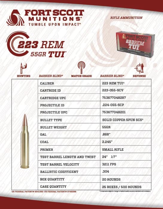 Fort Scott Munitions .223 Rem SCS TUI - 55Gr Solid Copper Ammo