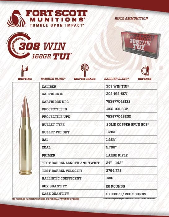 Fort Scott Munitions 308 Win SCS TUI - 168Gr Solid Copper Ammo