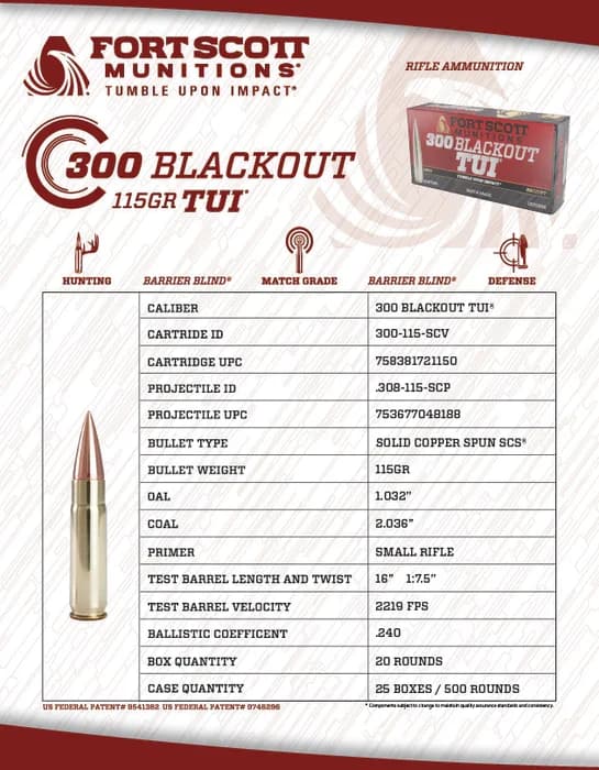 Fort Scott Munitions 300 Blackout SCS TUI - 115Gr Solid Copper Ammo