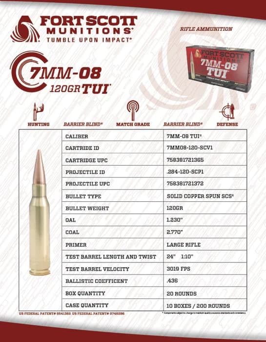Fort Scott Munitions 7MM-08 Rem SCS TUI - 120GR Solid Copper Ammo