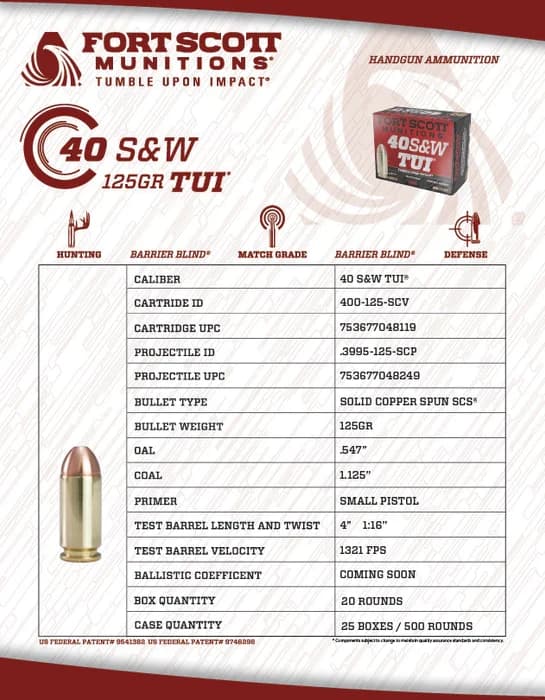 Fort Scott Munitions 40 S&W TUI - 125Gr Solid Copper Ammo