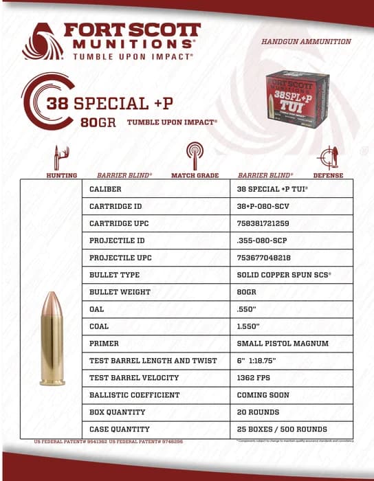 Fort Scott Munitions 38 Special +P TUI - 80Gr Solid Copper Ammo
