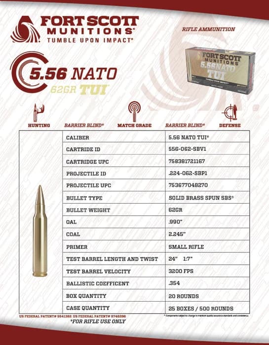 Fort Scott Munitions 5.56 NATO SBS TUI - 62Gr Solid Brass Ammo