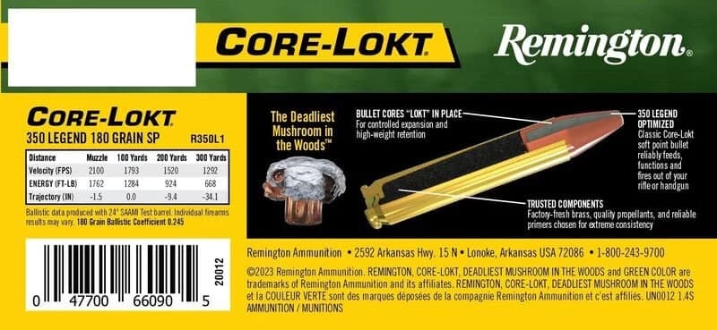 Remington Core-Lokt, 350 Legend, 180 Grain, Jacketed Soft Point, 2100 fps