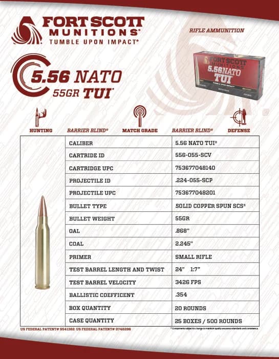 Fort Scott Munitions 5.56 NATO SCS TUI - 55Gr Solid Copper Ammo