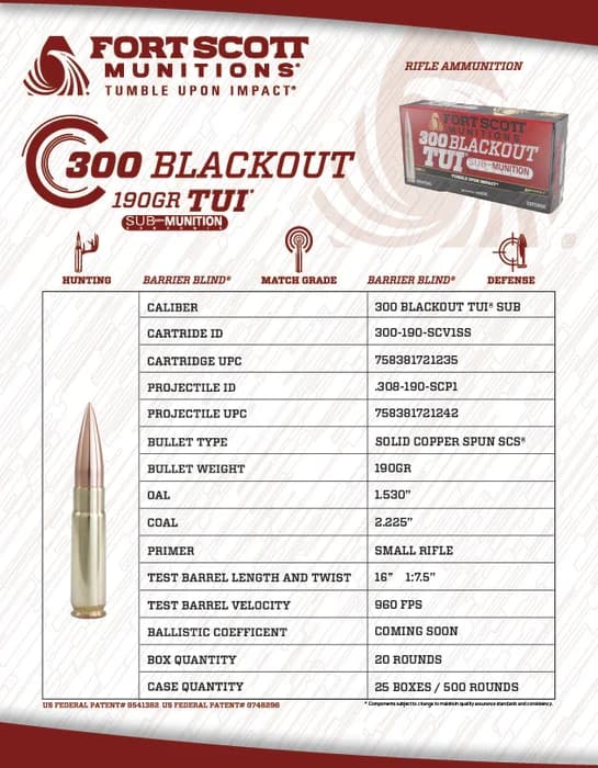 Fort Scott Munitions 300 Blackout Sub-Munition SCS TUI - 190Gr Solid Copper Ammo