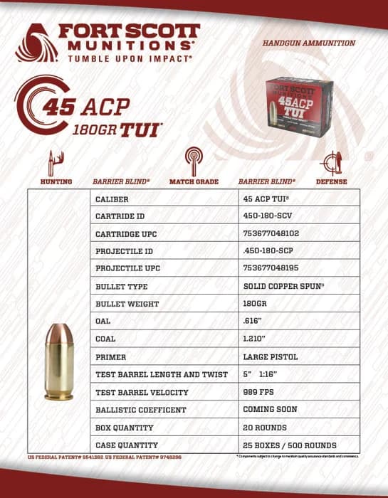 Fort Scott Munitions 45 ACP TUI - 180Gr Solid Copper Ammo