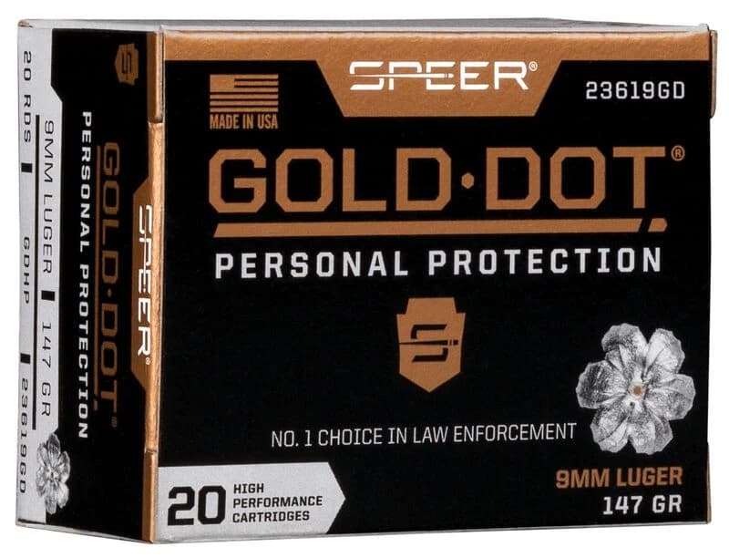 Speer Gold Dot Handgun Personal Protection, 9mm Luger, 147 Grain, Gold Dot Hollow Point, 985 fps