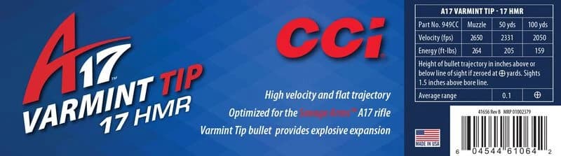 CCI A17, 17 HMR, 17 Grain, Tipped Varmint, 2650 fps