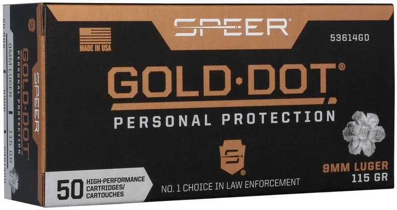 Speer Gold Dot Handgun Personal Protection, 9mm Luger, 115 Grain, Gold Dot Hollow Point, 1210 fps