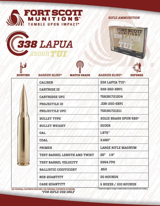 Fort Scott Munitions 338 Lapua Magnum SBS TUI - 250Gr Solid Brass Ammo